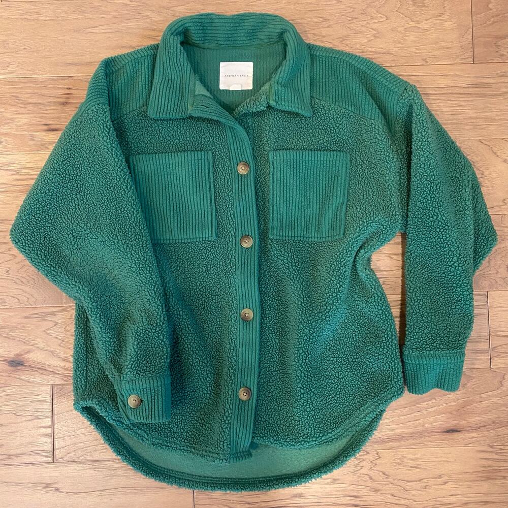 American Eagle green button teddy shacket - image 2